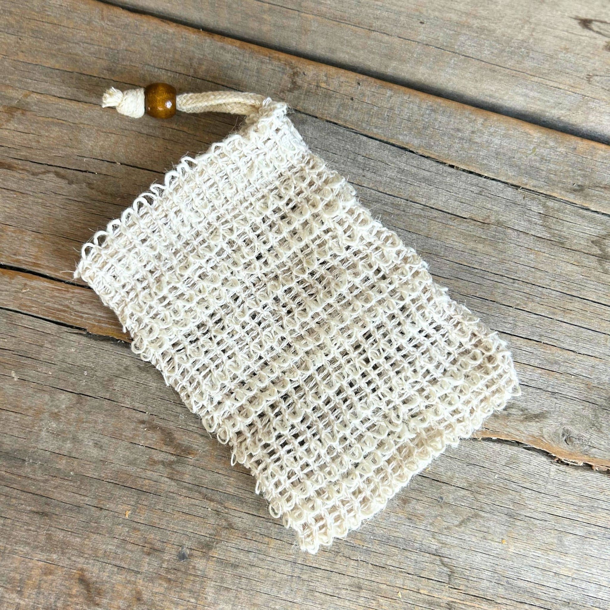 Woven Bag Soap Saver with Wooden Bead Drawstring